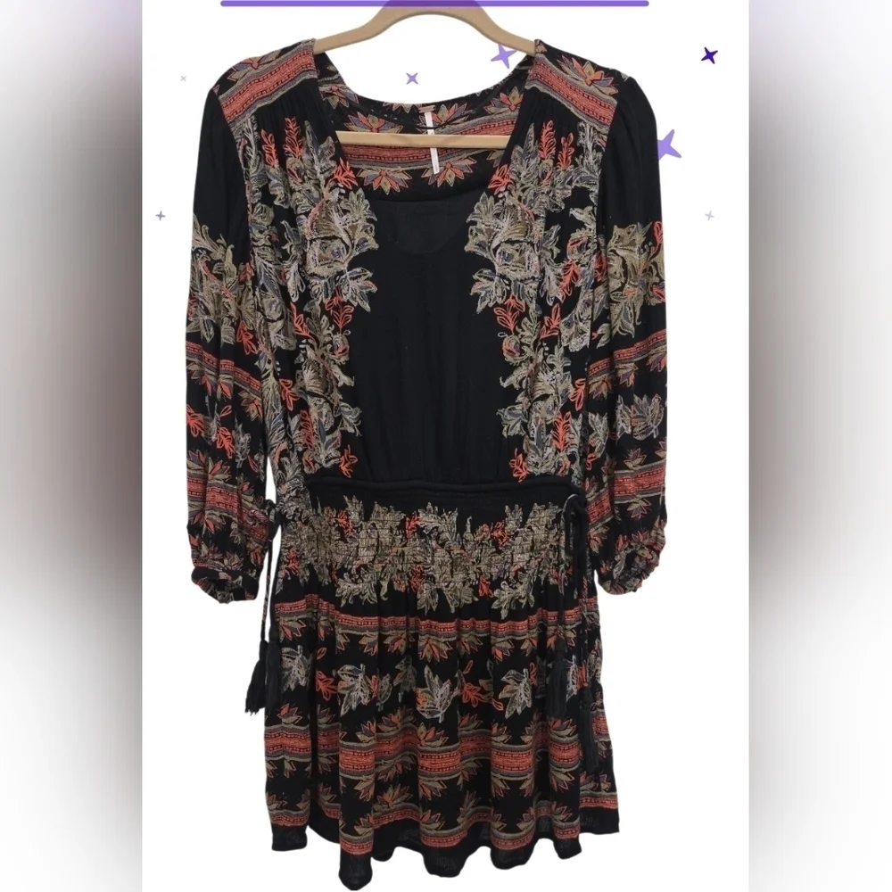 Free People black mini dress midnight drive smocked long sleeve boho Small